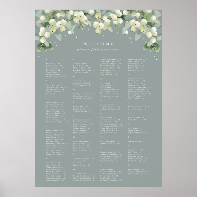 Poster Carte de siège alphabétique 20x28" pour 150 person (Devant)