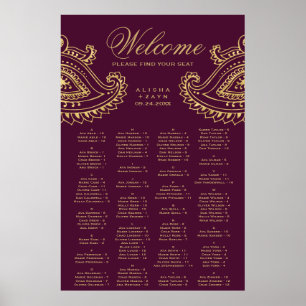Poster Carte de siège alphabétique Gold Indian Paisley