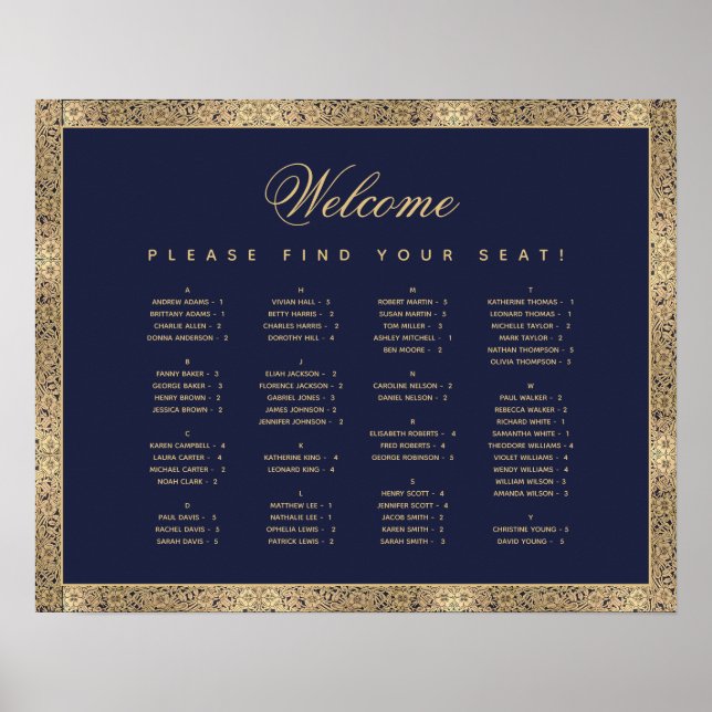 Poster Carte de siège alphabétique Marine Blue Gold Roses (Devant)