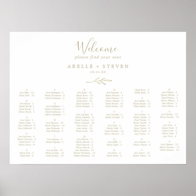 Poster Carte de siège alphabétique minimale feuille or (Devant)