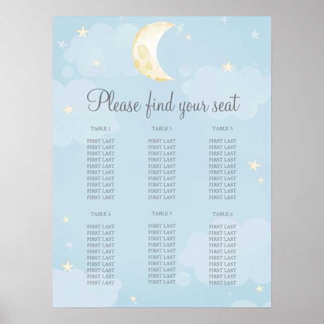 Poster Carte de siège de Baby shower ciel étoilé bleu pâl (Devant)