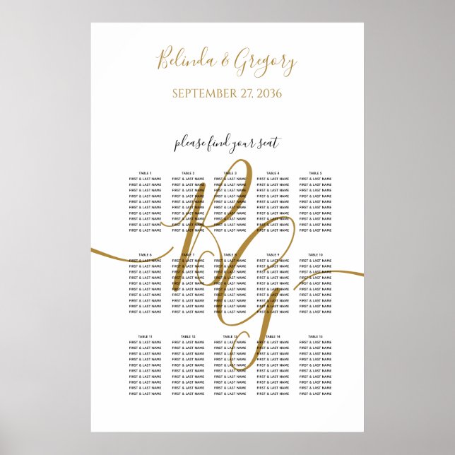 Poster Carte de siège de Mariage initial simple en or (Devant)