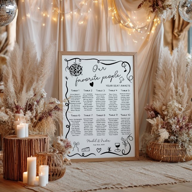Poster Carte de siège de Mariage noir blanc ironique (Quirky whimsical black Wedding Seating Chart)