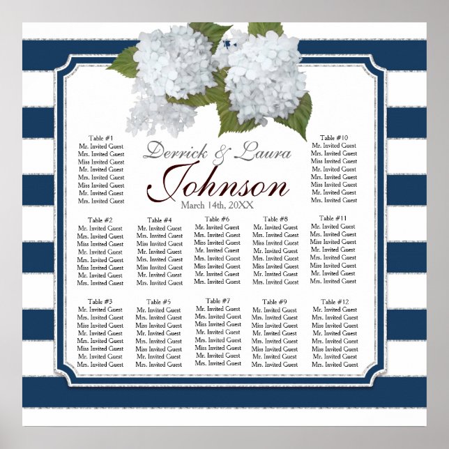 Poster Carte de siège de réception Marine White Hydrangea (Devant)