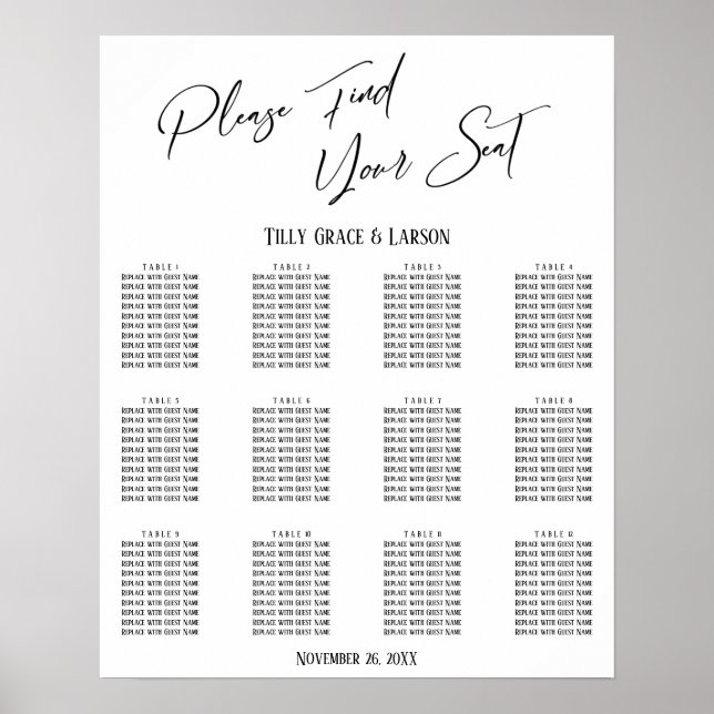 Poster Carte de siège de réception par écriture simple (Devant)