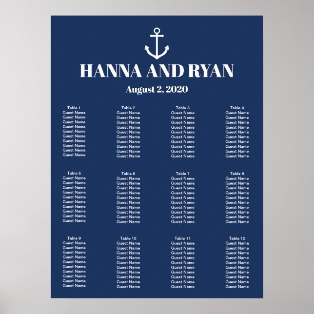 Poster Carte de siège du Mariage Ancre bleu marine (Devant)