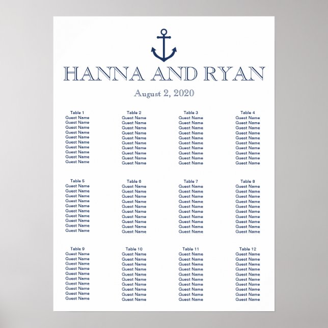 Poster Carte de siège du Mariage Ancre bleu marine (Devant)