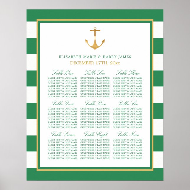 Poster Carte de siège du Mariage d'Ancre d'or nautique vi (Devant)