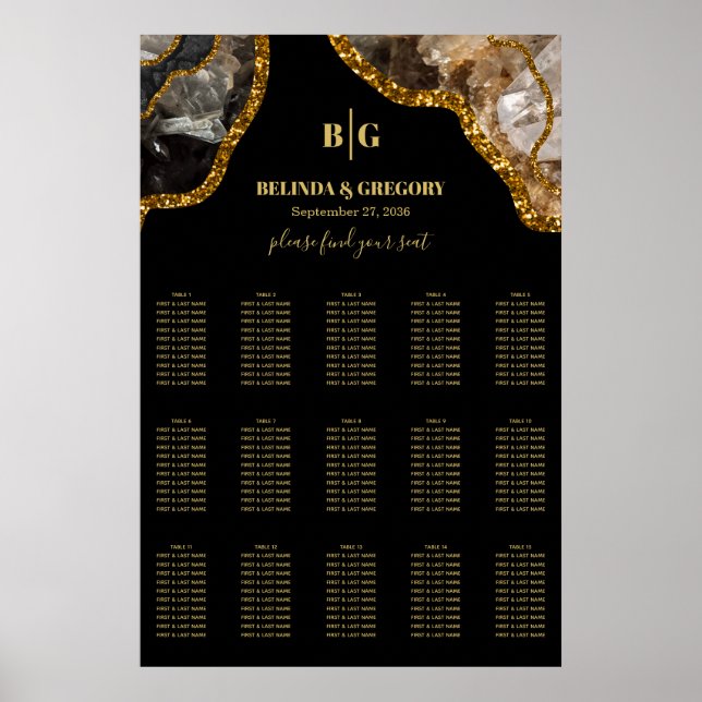 Poster Carte de siège du Mariage de l'Agate Noir & Or (Devant)