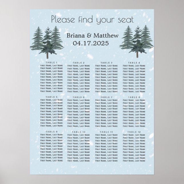 Poster Carte de siège du Mariage de pin d'hiver À feuilla (Devant)