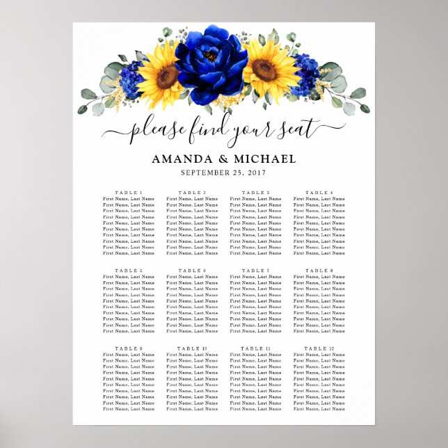 Poster Carte de siège du Mariage de tournesol Royal Blue  (Devant)