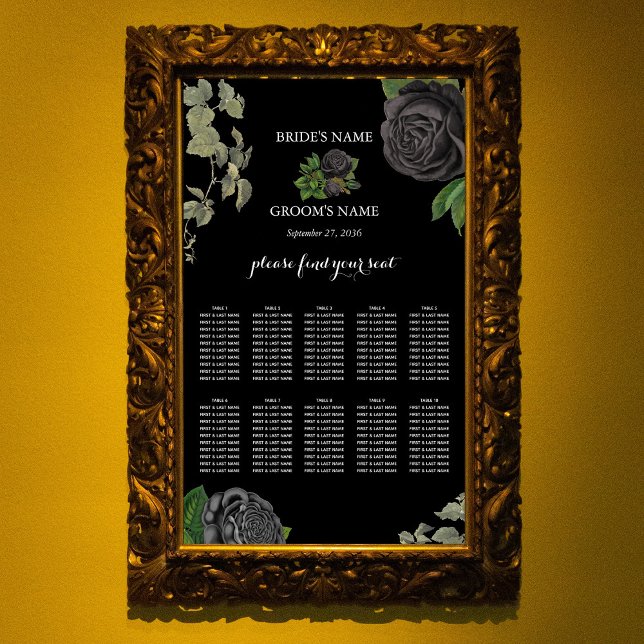 Poster Carte de siège du Mariage Rose noir gothique Hallo (Gothic Halloween Black Roses Wedding Seating Chart)