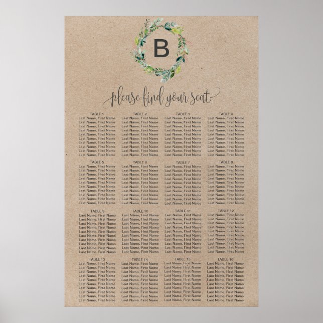 Poster Carte de siège du monogramme de couronne de feuill (Devant)