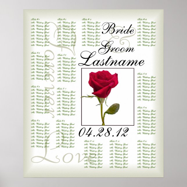 Poster Carte de siège d'un Mariage de Rose rouge (Devant)
