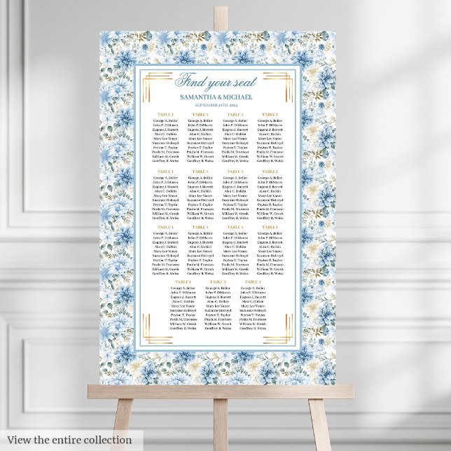 Poster Carte de siège en or bleu Dusty romantique (Romantic Dusty Blue Gold Boho Seating Chart)