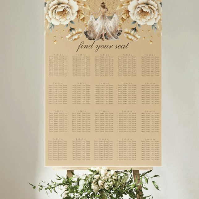 Poster Carte de siège Luxury Ivory & Gold Quinceañera (Créateur téléchargé)