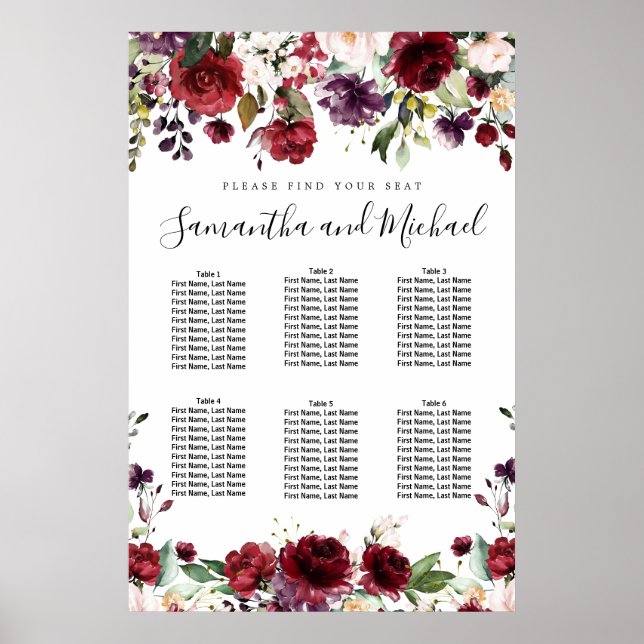 Poster Carte de siège Mariage à 6 tables de fleurs rouges (Devant)
