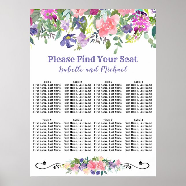 Poster Carte de siège Mariage à 8 tables en aquarelle (Devant)