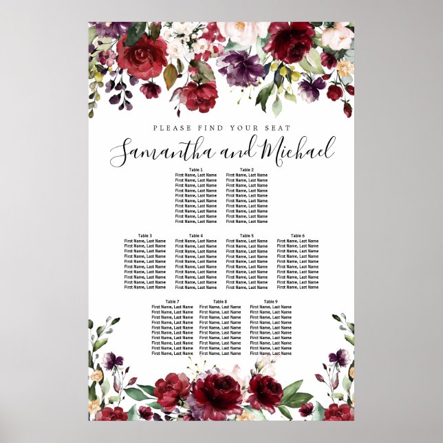 Poster Carte de siège Mariage à 9 tables de Floral rouge  (Devant)