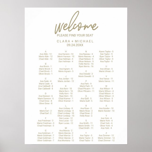Poster Carte de siège Mariage alphabétique en or blanc (Devant)