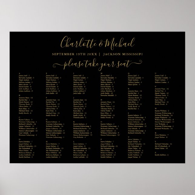 Poster Carte de siège Mariage Black And Gold 200 (Devant)
