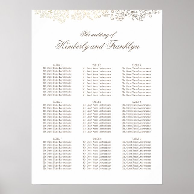 Poster Carte de siège Mariage blanc or Floral (Devant)