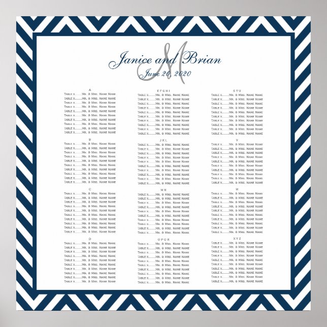 Poster Carte de siège Mariage bleu Chevron de la Marine 1 (Devant)