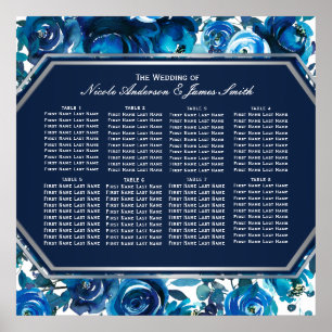 Poster Carte de siège Mariage bleu Indigo Floral Flowers