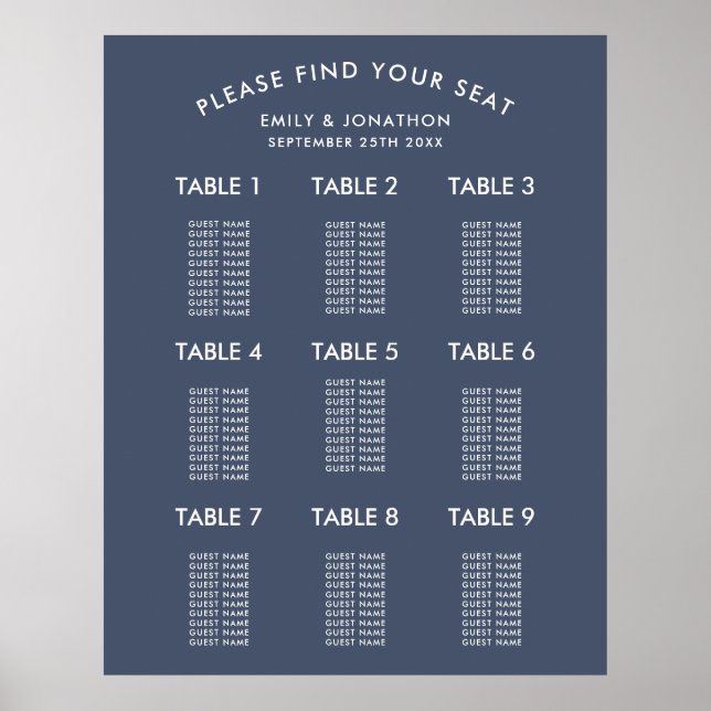 Poster Carte de siège Mariage bleu marine simple (Devant)