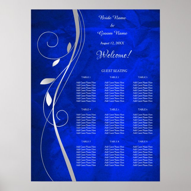 Poster Carte de siège Mariage bleu vif à feuille d'argent (Devant)
