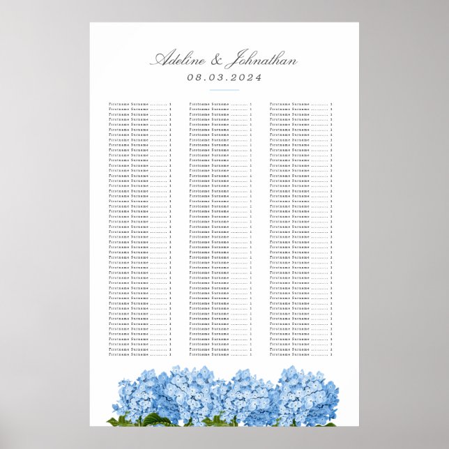 Poster Carte de siège Mariage Blue Hydrangea (Devant)