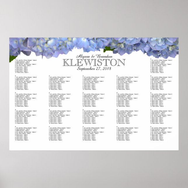 Poster Carte de siège Mariage Blue Moon Hydrangea (Devant)