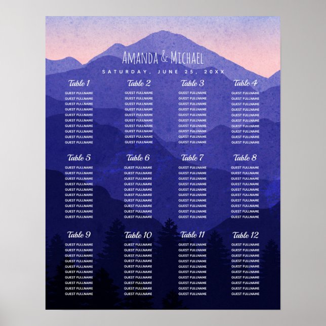 Poster Carte de siège Mariage Blue Mountains (Devant)