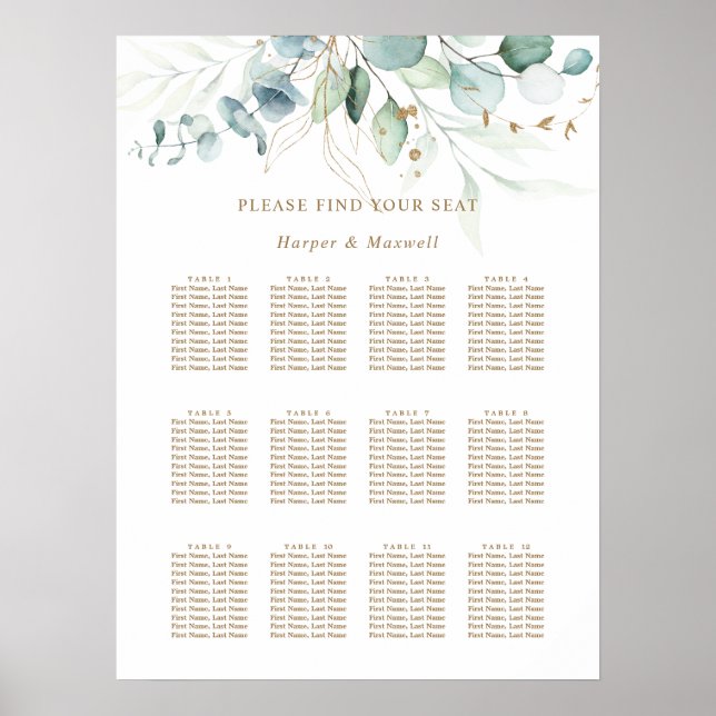 Poster Carte de siège Mariage botanique en or et vert (Devant)
