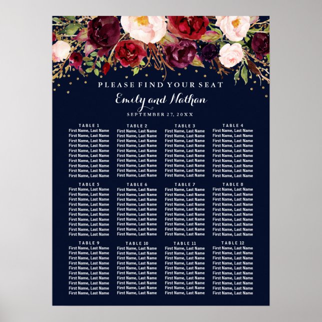 Poster Carte de siège mariage Burgundy Gold Navy Floral (Devant)