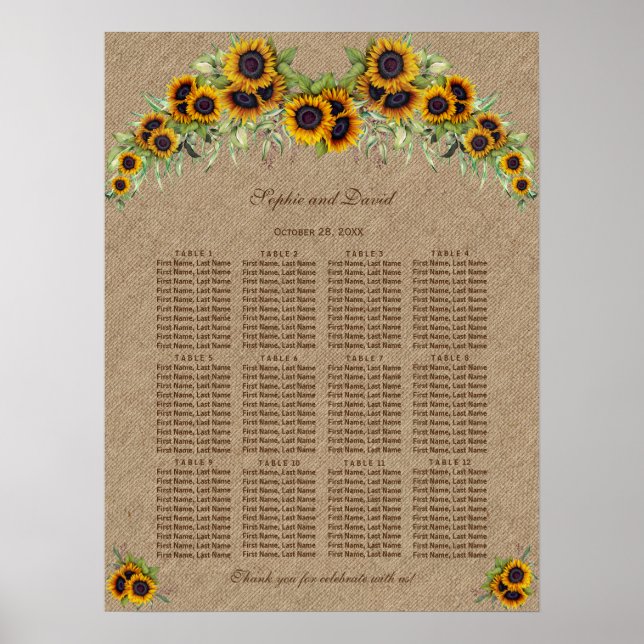 Poster Carte de siège Mariage Burlap Watercolor (Devant)