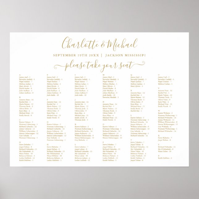 Poster Carte de siège Mariage Chic Gold 200 Names (Devant)