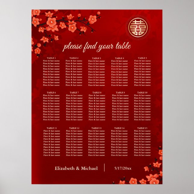 Poster Carte de siège Mariage chinois Cherry Blossom (Devant)