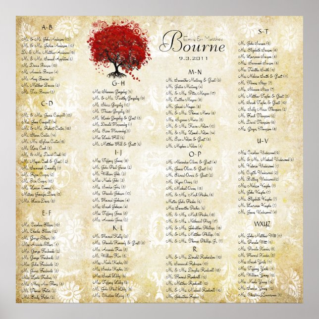 Poster Carte de siège Mariage damassé Feuille de coeur ro (Devant)