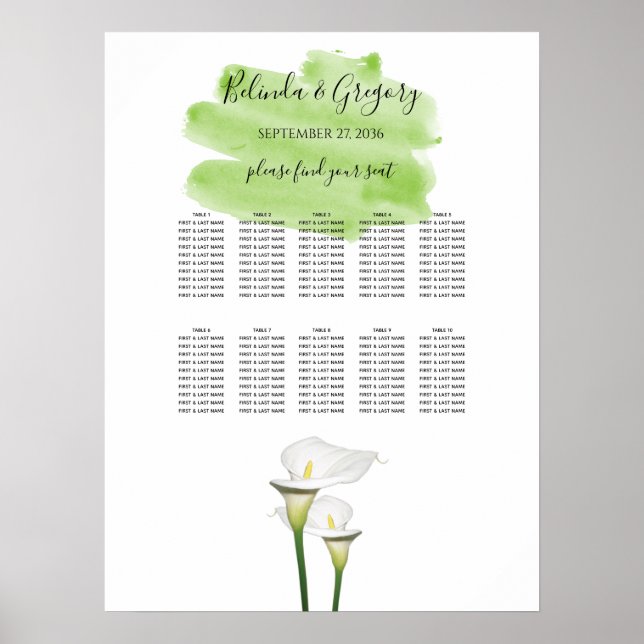 Poster Carte de siège Mariage d'aquarelle Calla Lilies (Devant)