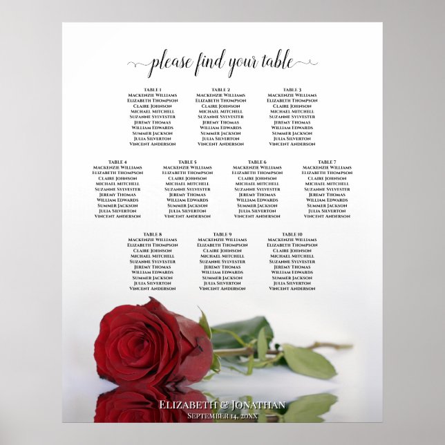 Poster Carte de siège Mariage de 10 tables Reflecting Red (Devant)