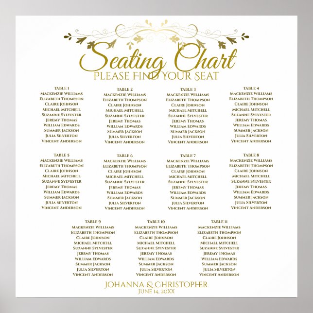 Poster Carte de siège Mariage de 11 tables Gold & White (Devant)