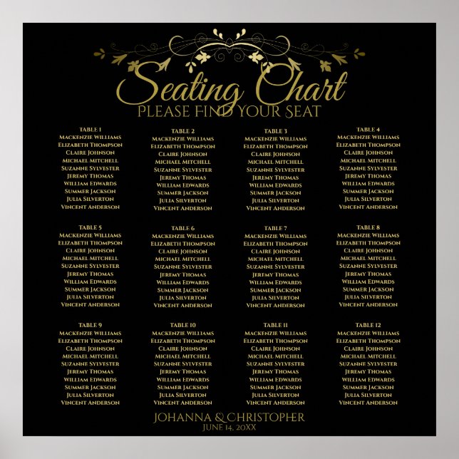 Poster Carte de siège Mariage de 12 tables Gold & Black (Devant)