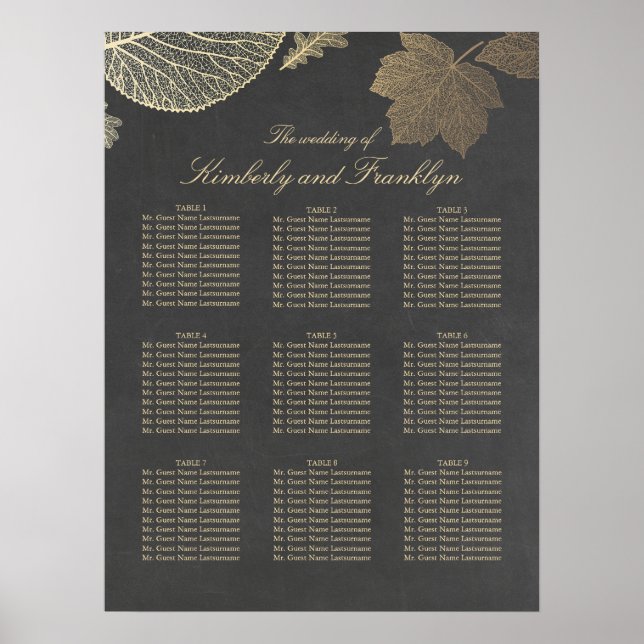 Poster Carte de siège Mariage de automne Feuille d'or (Devant)