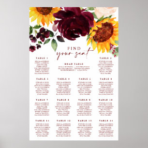Poster Carte de siège mariage de automne Tournesols Roses