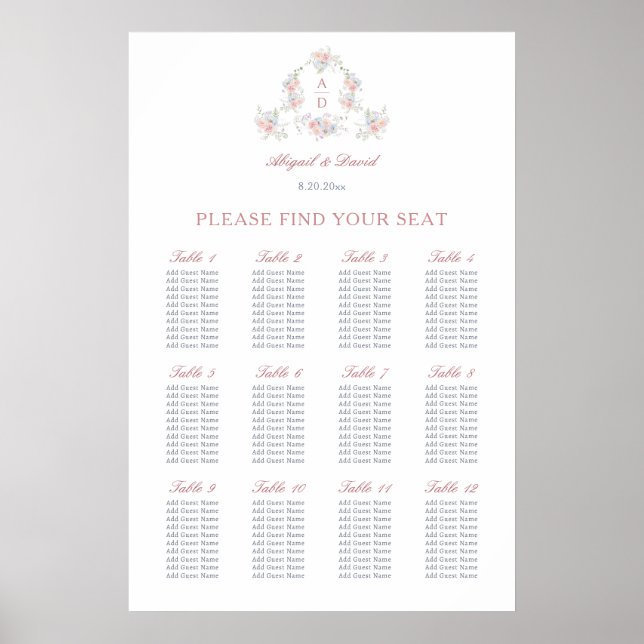 Poster Carte de siège Mariage de cadre Pastel Peonies (Devant)