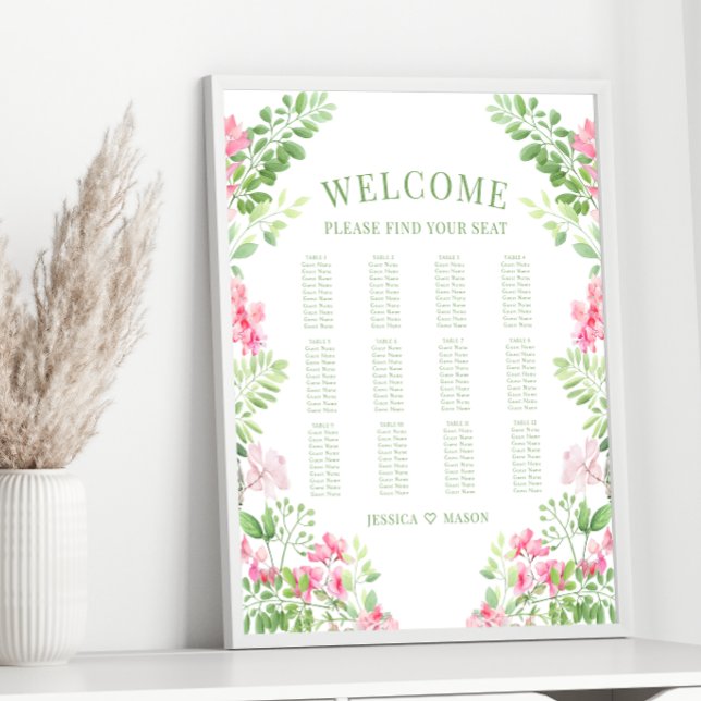 Poster Carte de siège Mariage de couronnes florales rose  (Créateur téléchargé)