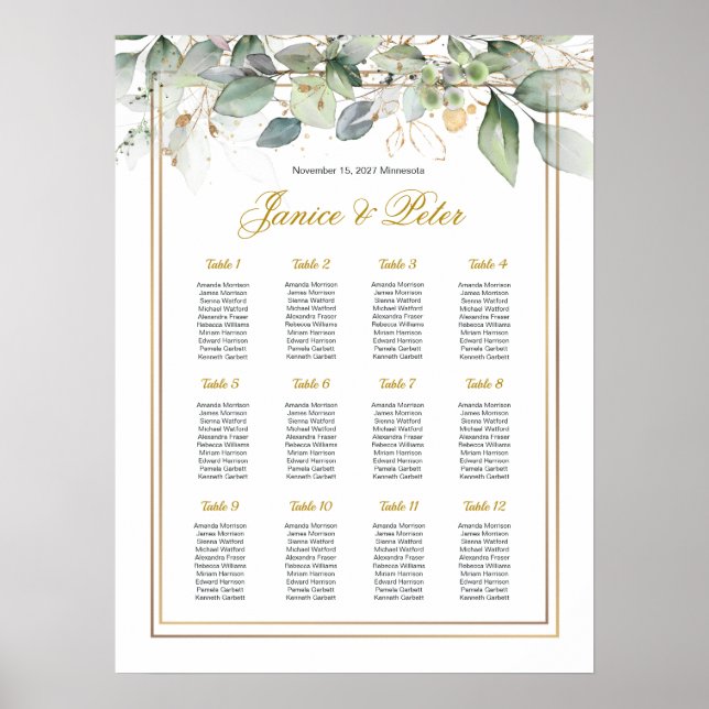 Poster Carte de siège Mariage de feuillage vert et or (Devant)