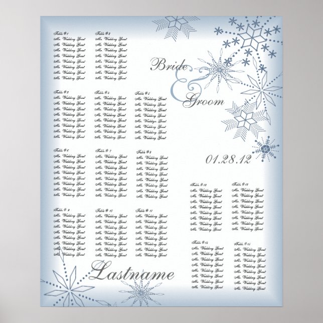 Poster Carte de siège Mariage de flocon de neige bleu (Devant)