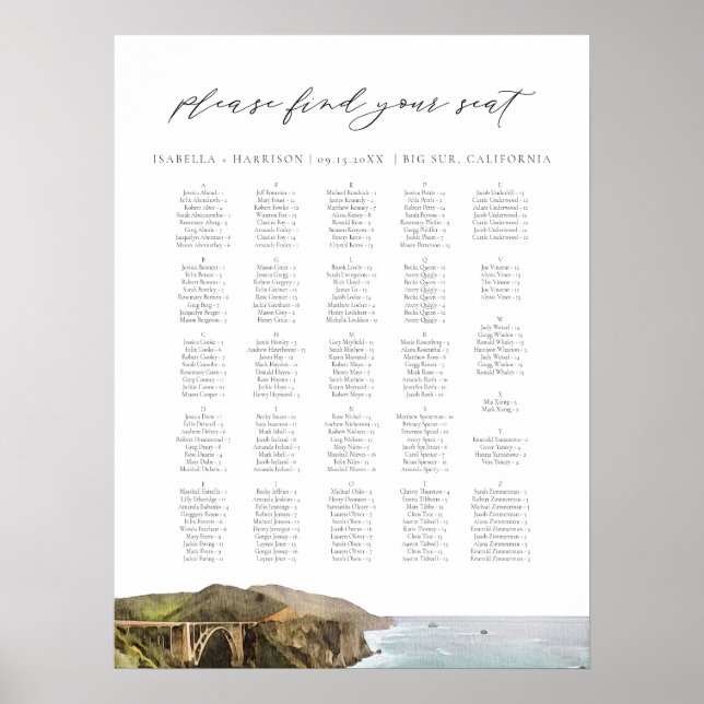 Poster Carte de siège Mariage de la ligne Skyline BIG SUR (Devant)